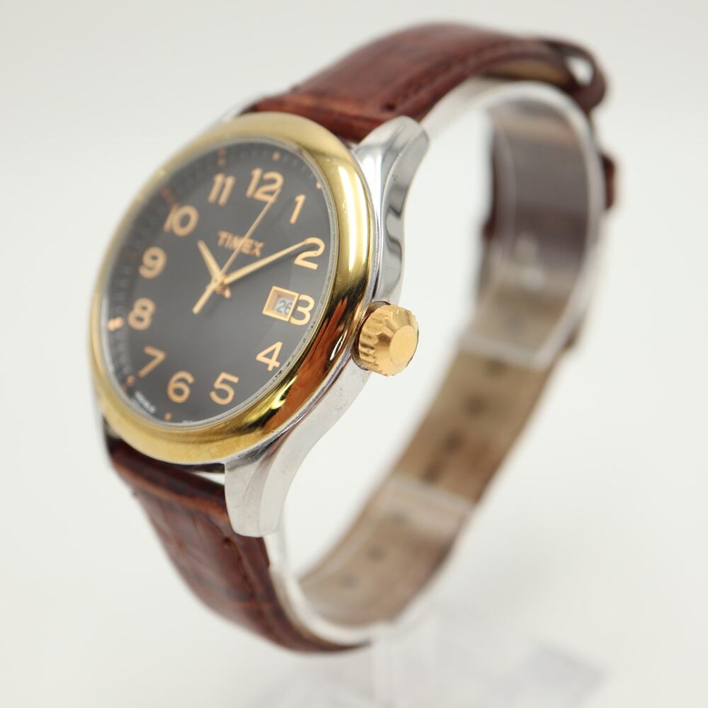 Timex Indiglo Mens 41mm Easy Read Gray Date Watch Brown Leather w New Battery - Picture 9 of 13